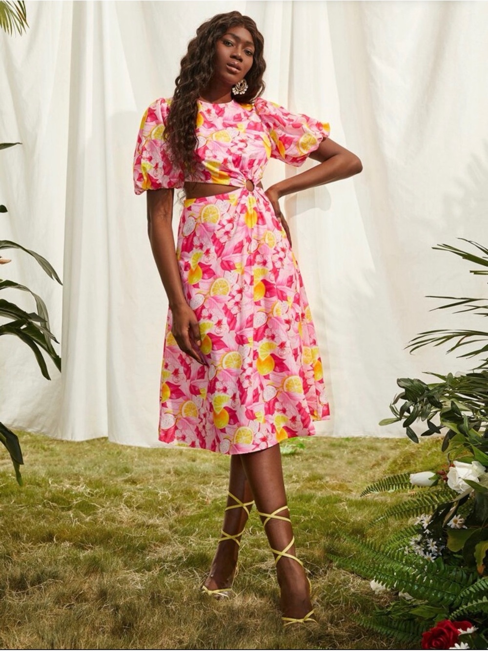 NWOT SHEIN Pink and Yellow Citrus Puff-Sleeve Midi Dress-Size XS